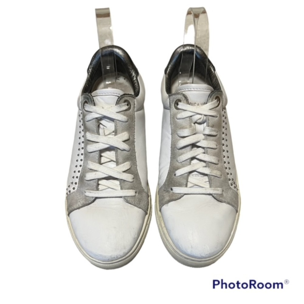 Zadig And Voltaire White&Metallic Gray Leather Sneakers Lace Up Studded Sz 8/39